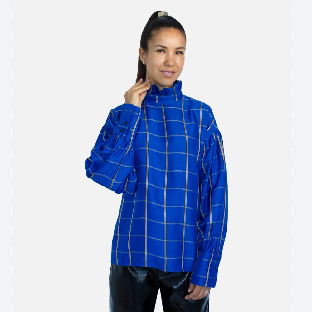 TELA Ruffled Checked Collar Shirt in Blue XS